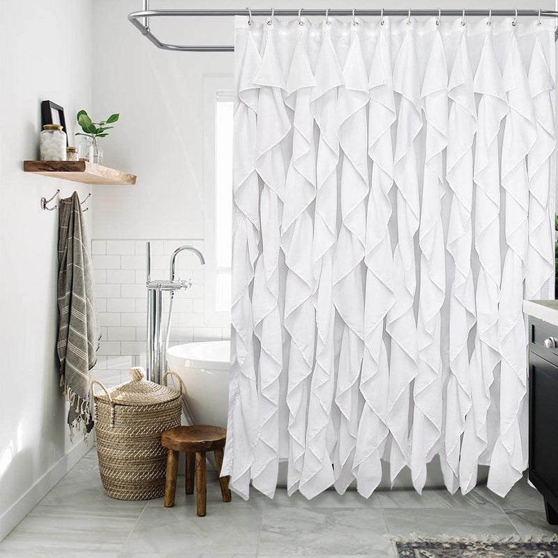 Volens White Ruffle Shower Curtain Farmhouse Fabric Cloth Curtains for Bathroom, 72x72 in Long - Image 5